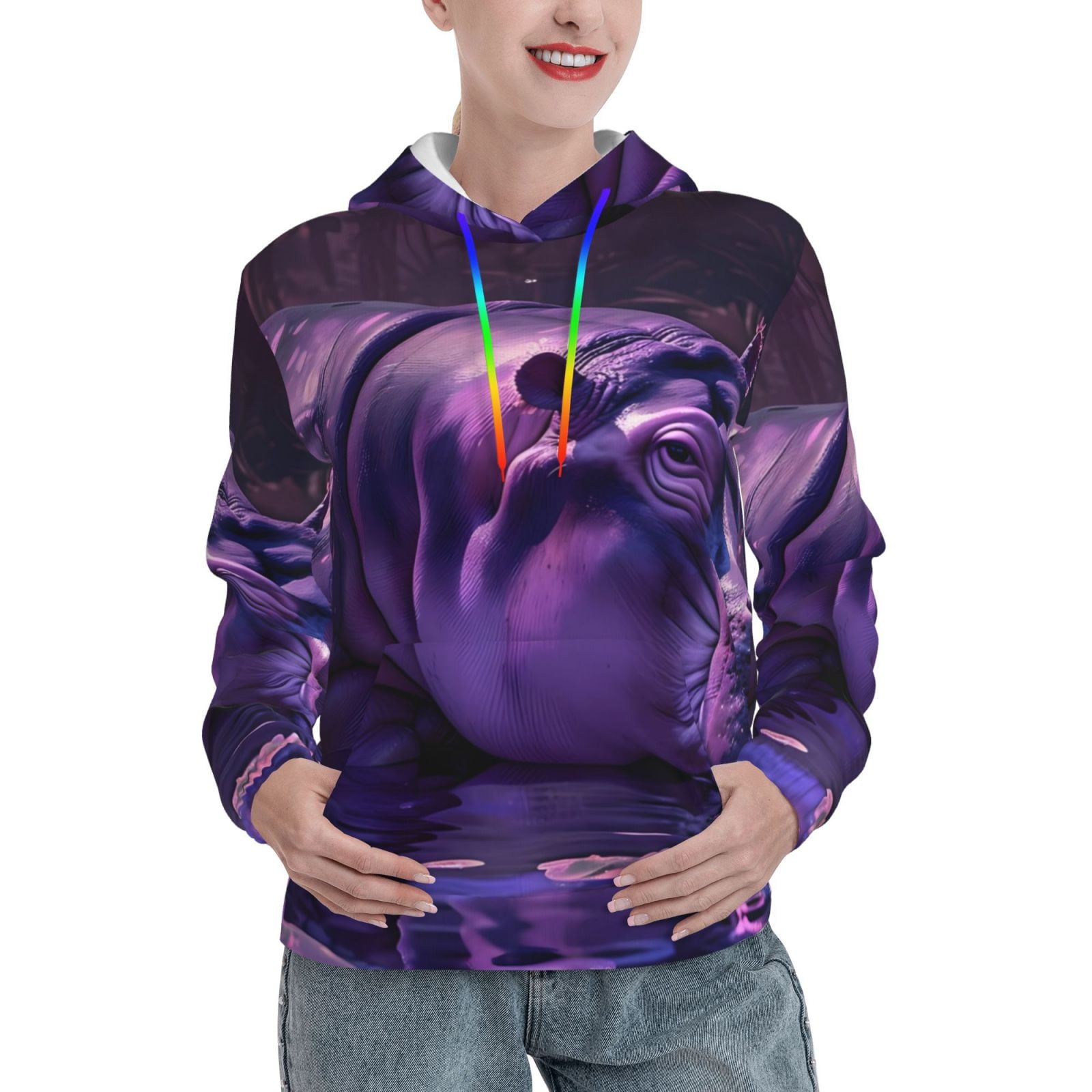 Cauagu Purple Hippo In Water for Women's Hooded Sweatshirts Pullover Hoodie for Women Fall Workout Sweat Long Sleeve Preppy Sweatshirts-Large