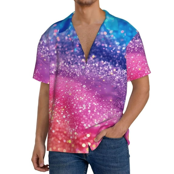 Cauagu Rainbow Glitter Cute Men's Short Sleeve Button Down Hawaiian Shirt for Men Bowling Shirts Casual Summer Beach Shirt,4X-Large