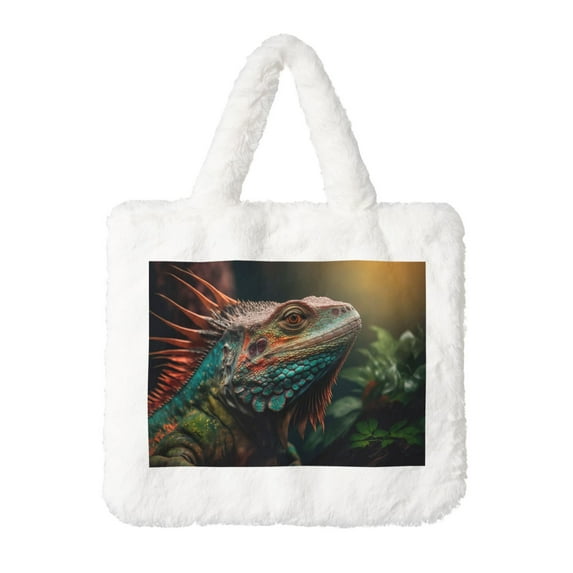 Cauagu Realistic Colorful Chameleon Pattern Women's Plush Tote Bag,Soft Underarm Bag Ladies Fluffy Shoulder Bag Plush Handbag Women Furry Tote Bag for Autumn and Winter