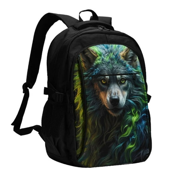 Cauagu Realistic Style Colorful Wolf A Print Travel Laptop with USB Charging Port,Extra Large Backpack College Backpack Business Work Bag Casual Daypack Perfert for Men Women