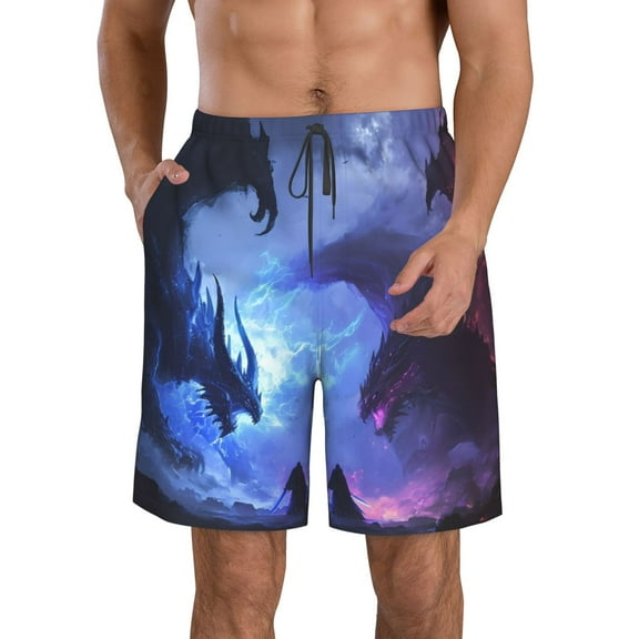 Cauagu Red And Blue Fire Dragon Print Men's Swim Trunks,Hawaiian Bathing Suit Swimsuits Beach Shorts with Pockets for Men Quick Dry Swimming Board Shorts-Medium