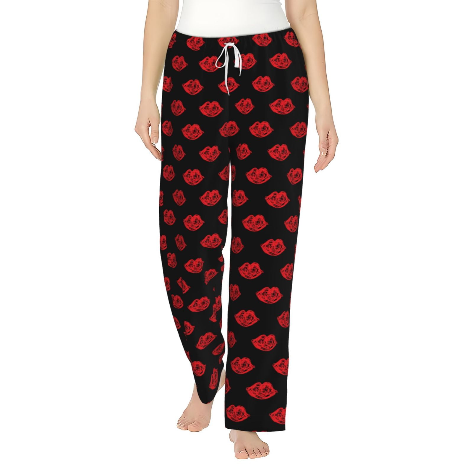 Cauagu Red Beautiful Lips Pajama Pants for Women Loose Fit Wide Leg