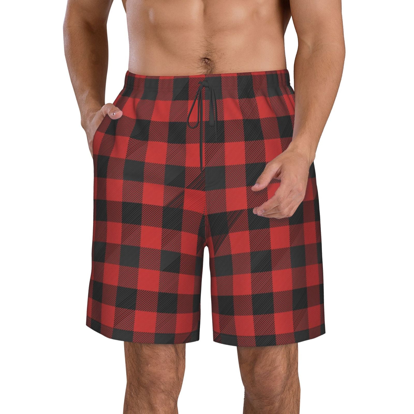 Cauagu Red Black Plaid Print Men's Swim Trunks,Hawaiian Bathing Suit