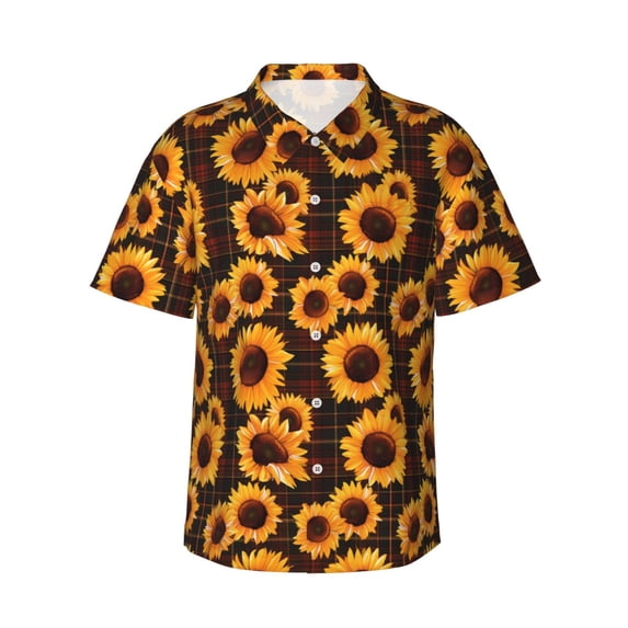 Cauagu Red Black Plaid Sunflower Print Hawaiian Shirt for Men,Casual Short Sleeve Button Down Shirts Summer Beach Men's Regular-Fit Short-Sleeve Print Shirt -XX-Large