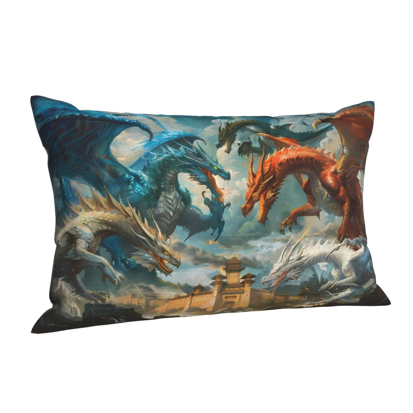 Image showcasing Cauagu Red Blue Dragon Battle Epic Print Pillow Covers with Envelope ...