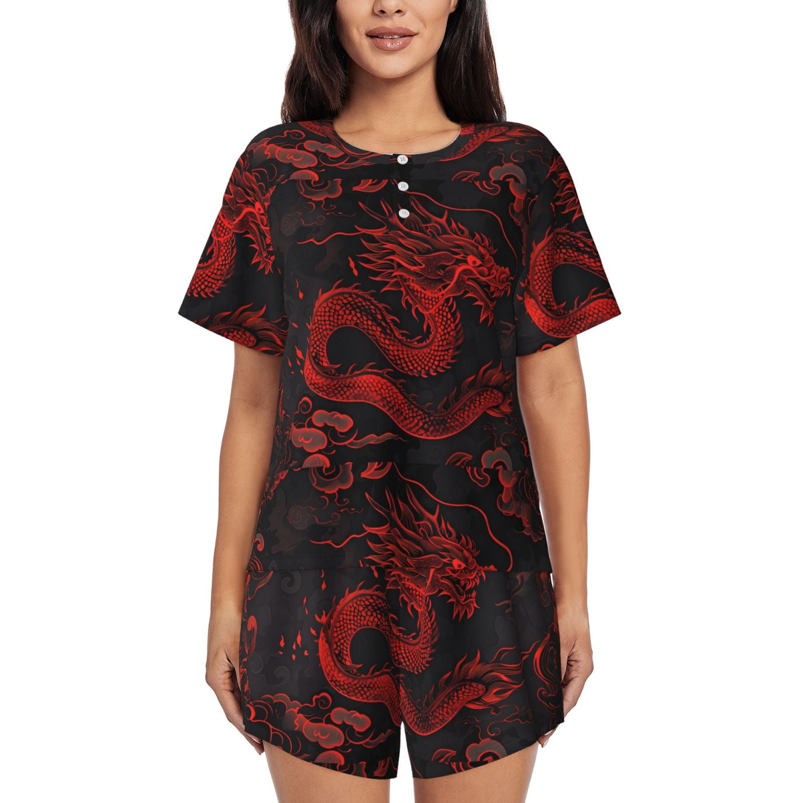 Cauagu Red Dragon On Black for Women's Round Neck Pajama Set,Short ...