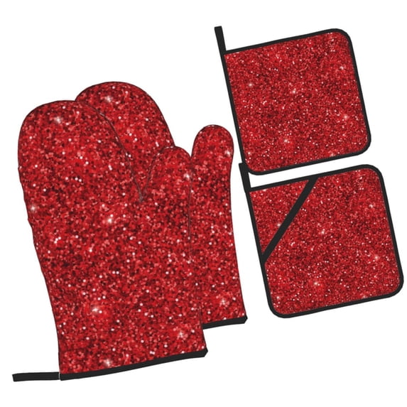 Cauagu Red Glitter Print Oven Mitts and Pot Holders 4 pcs Set,Extra Thicken Long Kitchen Oven Glove Potholders BBQ Gloves-Oven Mitts and Pot Holders(11 Inch)
