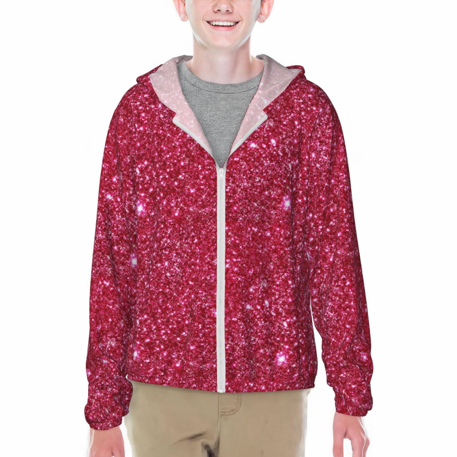 Cauagu Red Glitter Print Sun Protection Jacket for Teen,FullZipper