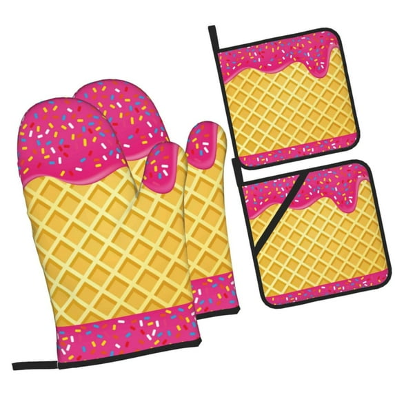 Cauagu Red Ice Cream Print Oven Mitts and Pot Holders 4 pcs Set,Extra Thicken Long Kitchen Oven Glove Potholders BBQ Gloves-Oven Mitts and Pot Holders(11 Inch)