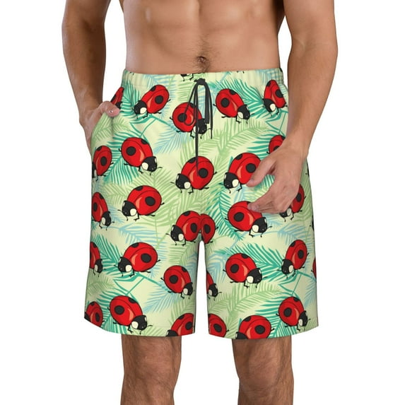 Cauagu Red Ladybugs And Leaf Print Men's Swim Trunks,Hawaiian Bathing Suit Swimsuits Beach Shorts with Pockets for Men Quick Dry Swimming Board Shorts-XX-Large