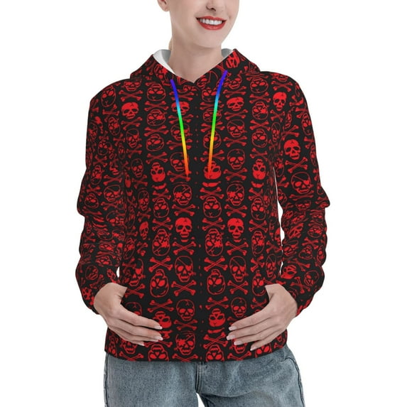 Cauagu Red Skulls With Crossbones for Women's Hooded Sweatshirts Pullover Hoodie for Women Fall Workout Sweat Long Sleeve Preppy Sweatshirts-Medium