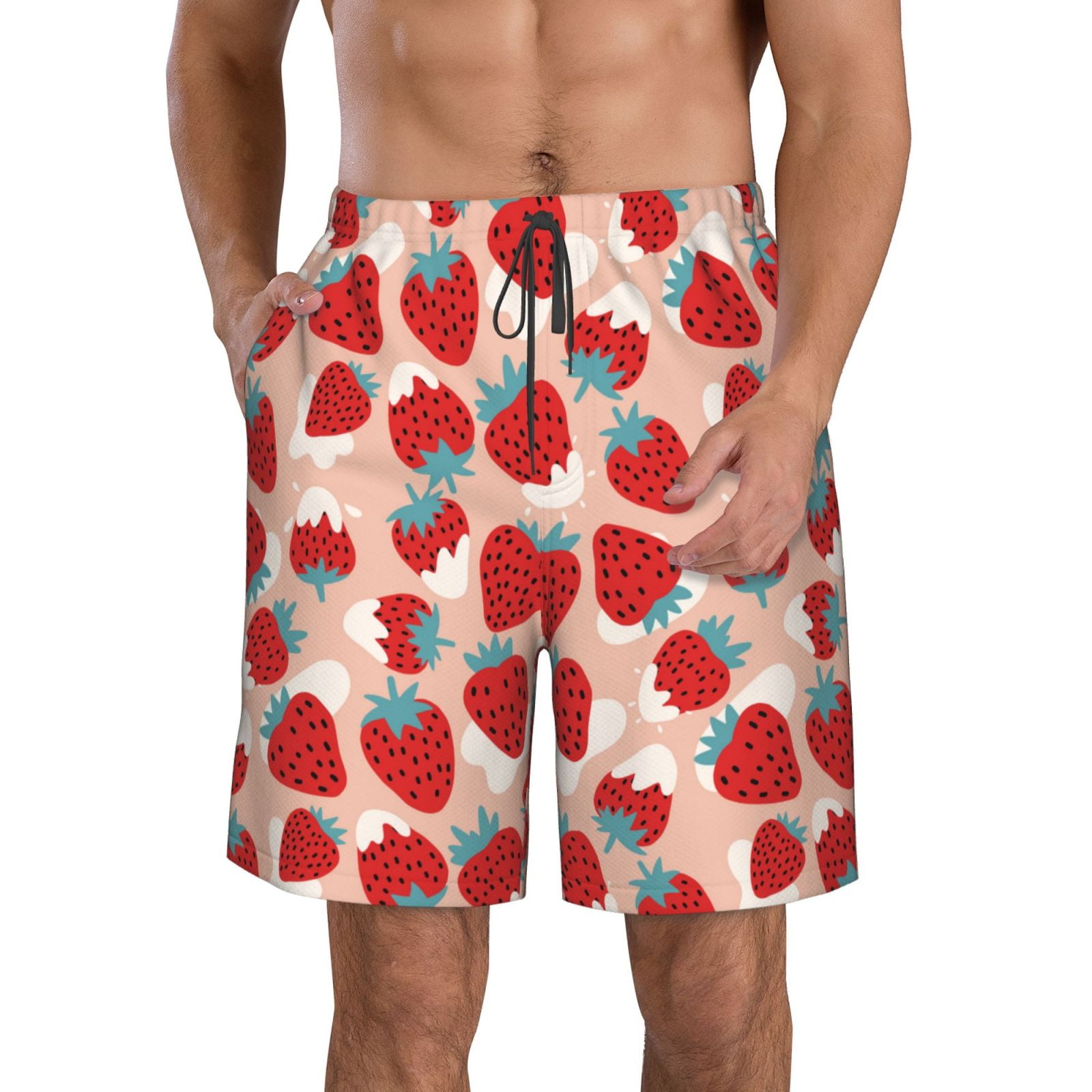 Cauagu Red Strawberry Print Men's Swim Trunks,Hawaiian Bathing Suit