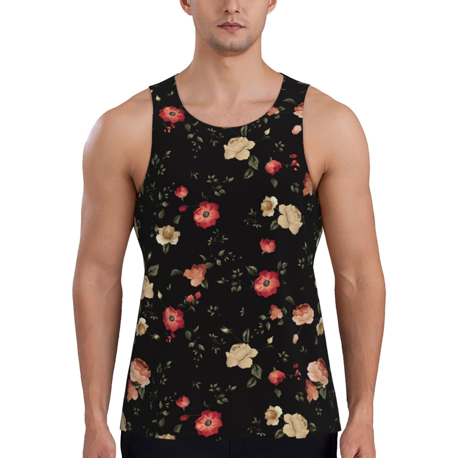 Cauagu Red White Flowers Print Men's Sleeveless Muscle Shirts,Tank Tops