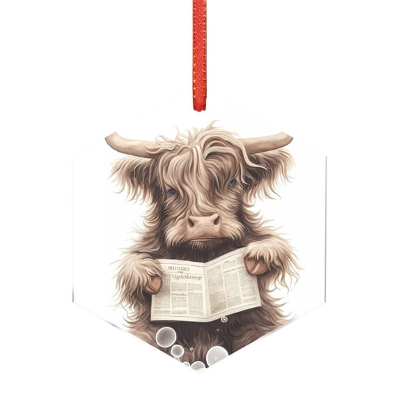 Cauagu Relaxed Cute Cow Reading Pattern Acrylic Christmas Pendant,1-Pack Christmas Ornaments Xmas Tree Decor Christmas Décor with Ribbon Cute Tree Hanging for Party Favors-Hexagon