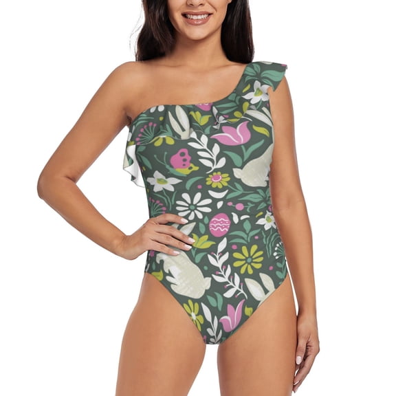 Cauagu Retro Bunny Floral Print Women's Sexy One Piece Swimsuits One Shoulder Ruffle Tummy Control Bathing Suit Slimming Swimwear-XX-Large