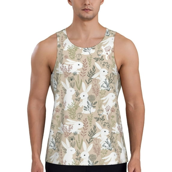 Cauagu Retro Bunny Flower Print Men's Sleeveless Muscle Shirts,Tank Tops Quick Dry Workout Tank Top Gym Muscle Tee Fitness Bodybuilding T Shirt for Men-X-Large