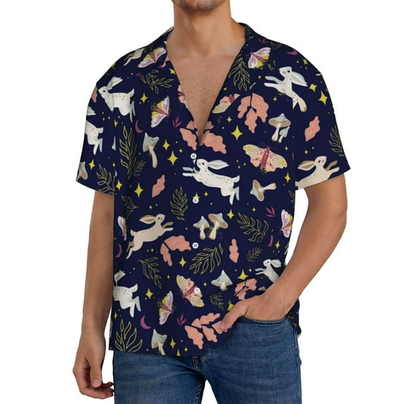 Cauagu Retro Rabbit Flower Men's Short Sleeve Button Down Hawaiian Shirt for Men Bowling Shirts Casual Summer Beach Shirt,X-Large