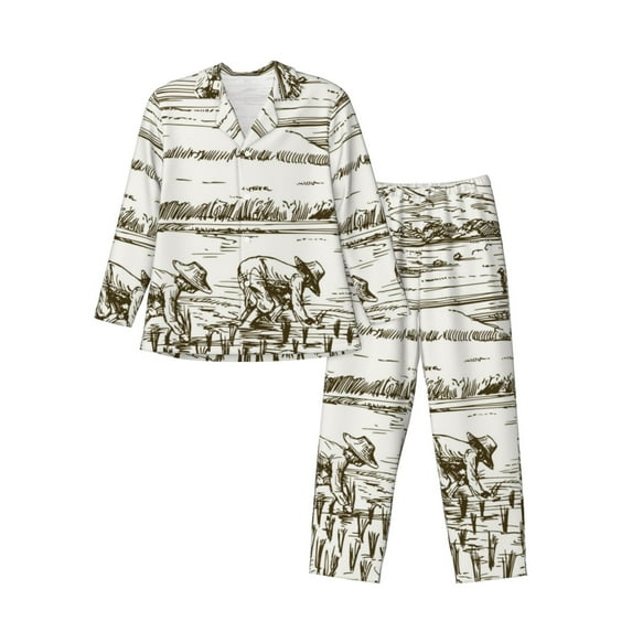 Cauagu Rice Harvest Print Men's Long-Sleeve Pajama Set,Soft Button-Front 2Pjs for Men Long Sleeve Men’s Sleepwear-XX-Large