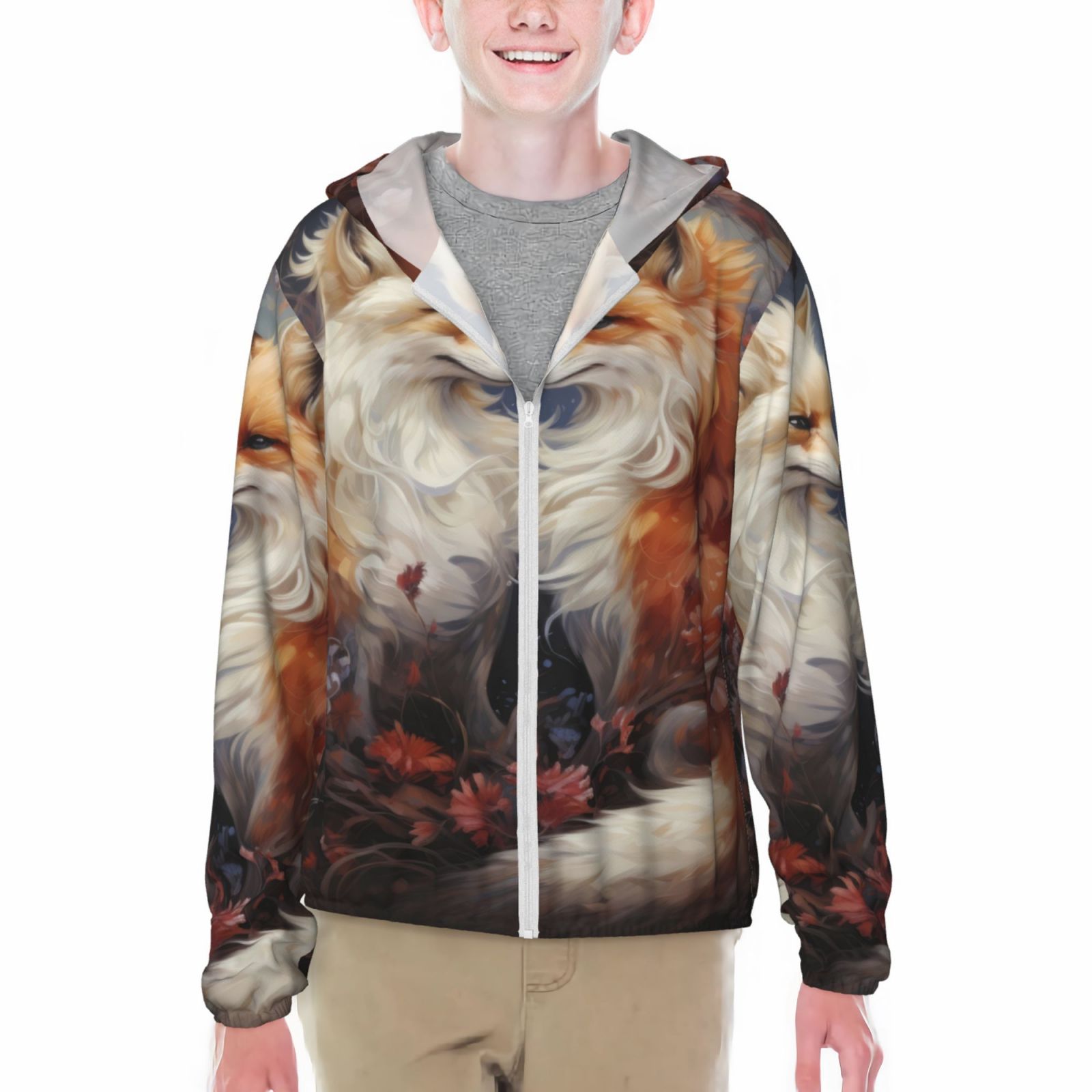 Cauagu Romantic Flower Fox Couple Print Sun Protection Jacket for Teen