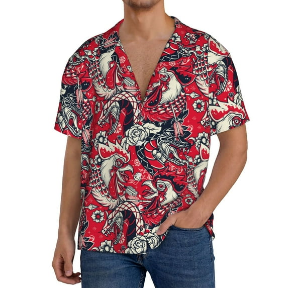 Cauagu Rooster Head Men's Short Sleeve Button Down Hawaiian Shirt for Men Bowling Shirts Casual Summer Beach Shirt,X-Large