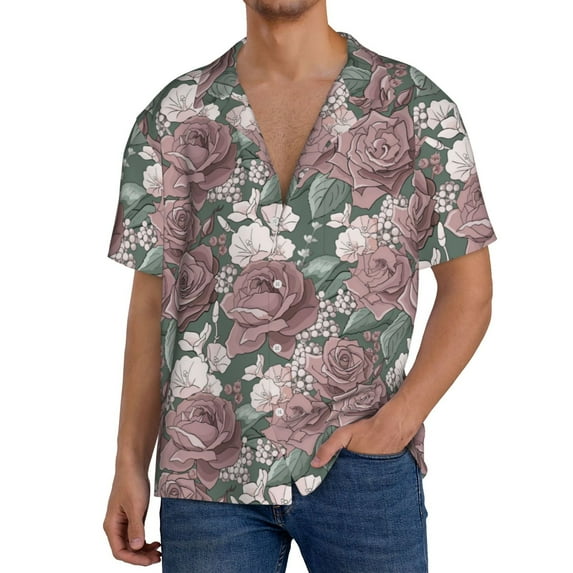 Cauagu Rose Flowers Men's Short Sleeve Button Down Hawaiian Shirt for Men Bowling Shirts Casual Summer Beach Shirt,Medium