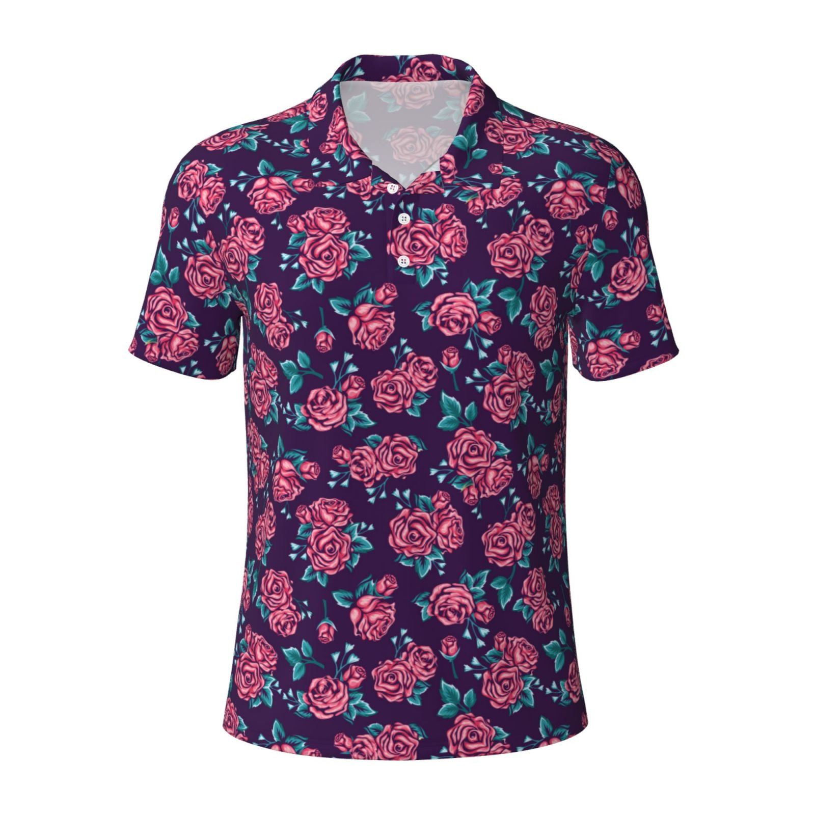 Cauagu Rose Flowers Print Men's Polo Shirts, ShortSleeve Polo Shirts
