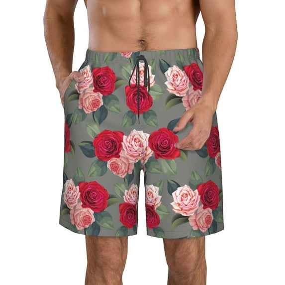 Cauagu Rose Flowers Print Men's Swim Trunks,Hawaiian Bathing Suit Swimsuits Beach Shorts with Pockets for Men Quick Dry Swimming Board Shorts-Medium