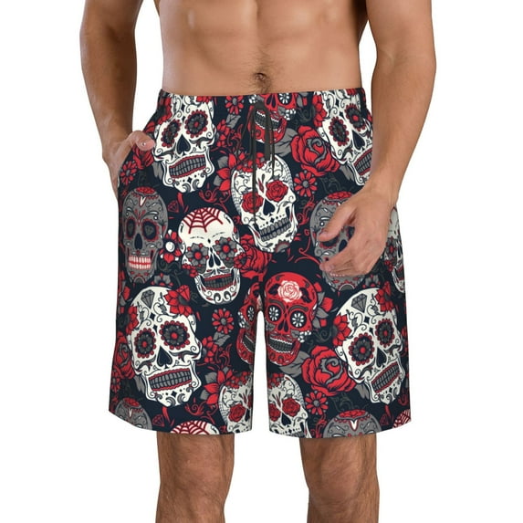 Cauagu Rose Flowers Print Men's Swim Trunks,Hawaiian Bathing Suit Swimsuits Beach Shorts with Pockets for Men Quick Dry Swimming Board Shorts-Medium