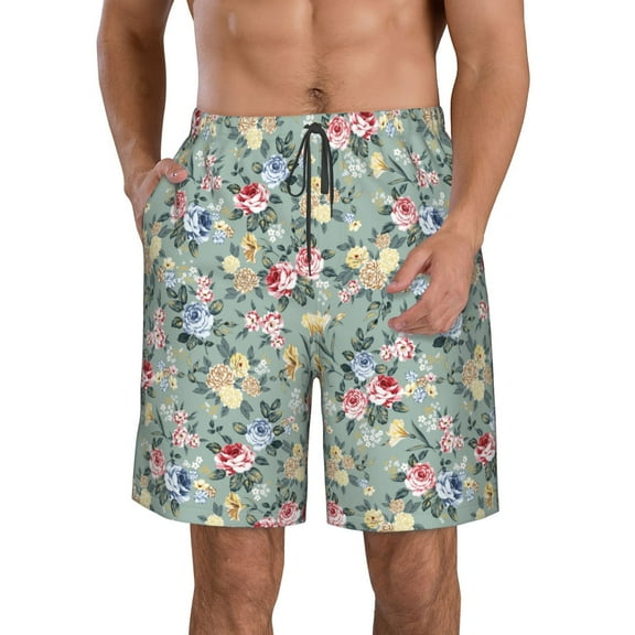 Cauagu Rose Flowers Print Men's Swim Trunks,Hawaiian Bathing Suit Swimsuits Beach Shorts with Pockets for Men Quick Dry Swimming Board Shorts-X-Large