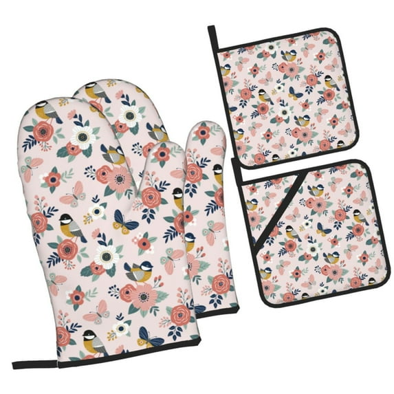 Cauagu Rose Flowers Print Oven Mitts and Pot Holders 4 pcs Set,Extra Thicken Long Kitchen Oven Glove Potholders BBQ Gloves-Oven Mitts and Pot Holders(11 Inch)