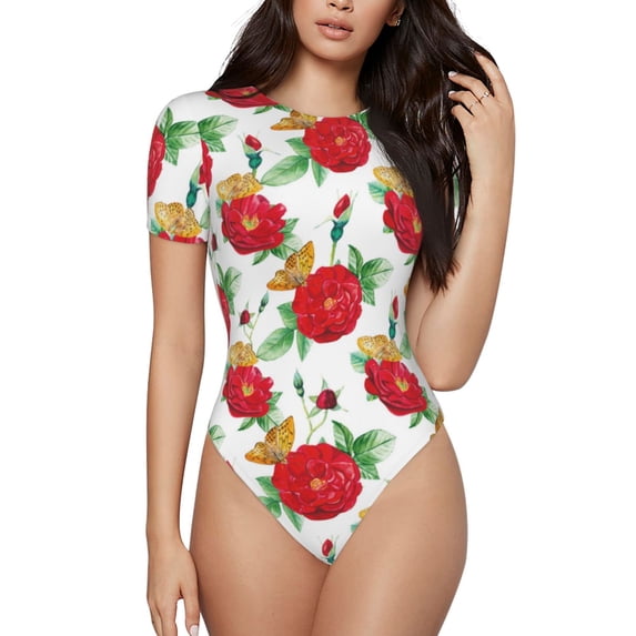 Cauagu Rose Flowers Women's Crew Neck Round Short Sleeve T Shirts Tops Bodysuit Daily Jumpsuit-Small