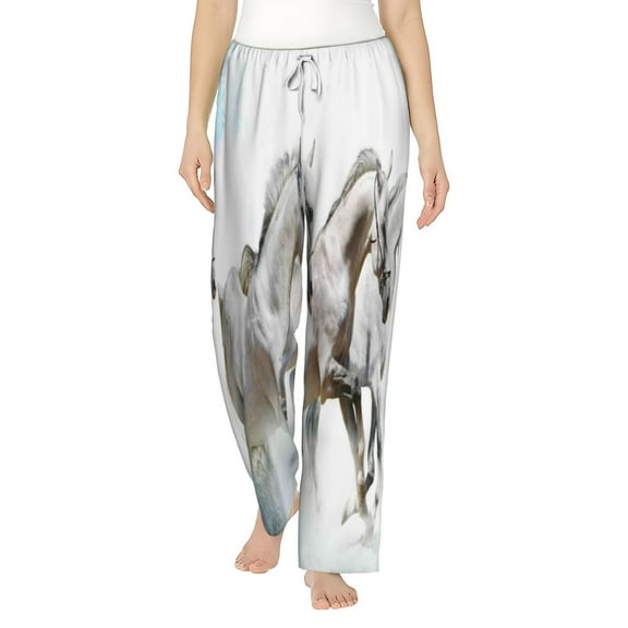 Cauagu Running White Horses Pajama Pants for Women Loose Fit Wide Leg Trouser Pants Casual Elastic Waist Drawstring Lounge Pants
