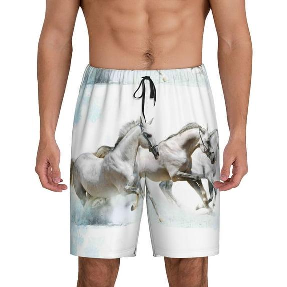 Cauagu Running White Horses Print Pajama Bottoms for Men Sleep Pajama Shorts Elastic Waistband Sleep Pajama Short Men's PJ Shorts -Medium