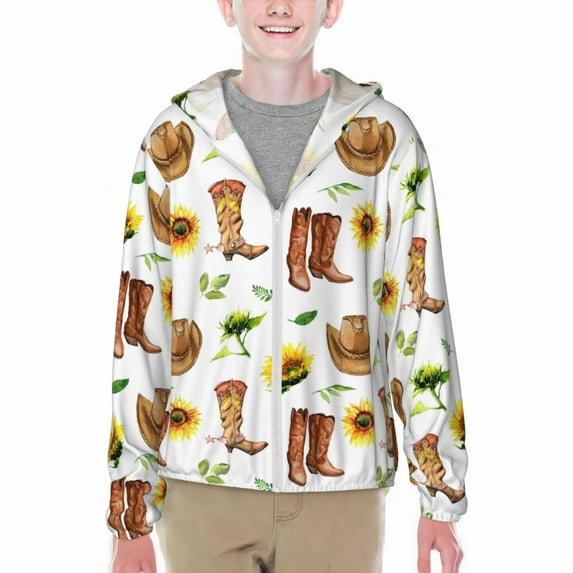Cauagu Rustic Western Charm Print Sun Protection Jacket for Teen,Full-Zipper Long Sleeve Sun Shirts with Pockets UV Hoodie Shirts Outdoor Athletic Jacket-Medium