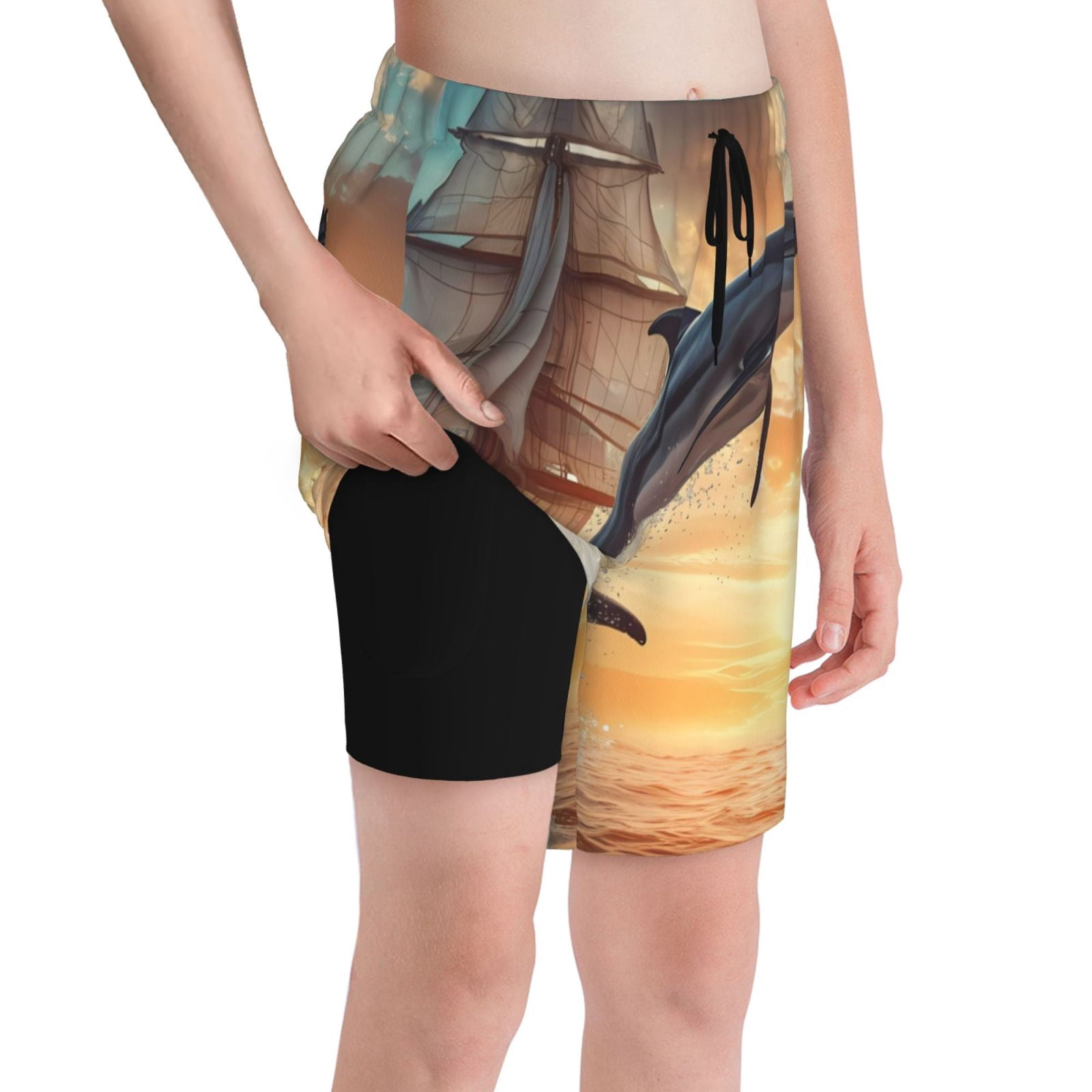 Cauagu Sailing Dancing Dolphin Print Swim Trunks For Men Youth Boys Cauagu sailing dancing dolphin print swim trunks for men youth boys