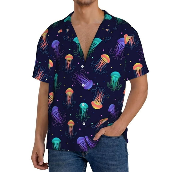 Cauagu Sea Jellyfish Men's Short Sleeve Button Down Hawaiian Shirt for Men Bowling Shirts Casual Summer Beach Shirt,XX-Large