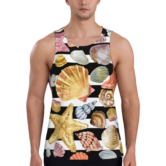 Cauagu Sea Shell Print Men's Sleeveless Muscle Shirts,Tank Tops Quick Dry Workout Tank Top Gym Muscle Tee Fitness Bodybuilding T Shirt for Men-3X-Large