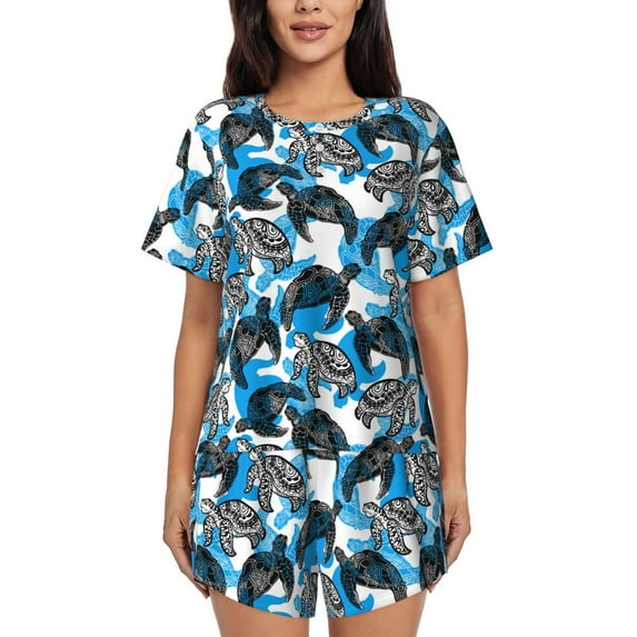 Cauagu Sea Turtle Life for Women's Round Neck Pajama Set,Short-Sleeved Pajamas Soft Sleepwear Set Summer Pajamas Set Lounge Sets 2-Piece Pj-X-Large