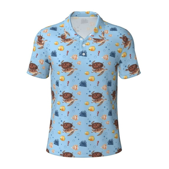 Cauagu Sea Turtle Print Men's Polo Shirts, Short-Sleeve Polo Shirts for Men Performance Golf Shirt Athletic Casual Collared T-Shirt-X-Large