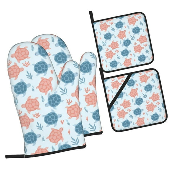 Cauagu Sea Turtle Print Oven Mitts and Pot Holders 4 pcs Set,Extra Thicken Long Kitchen Oven Glove Potholders BBQ Gloves-Oven Mitts and Pot Holders(11 Inch)