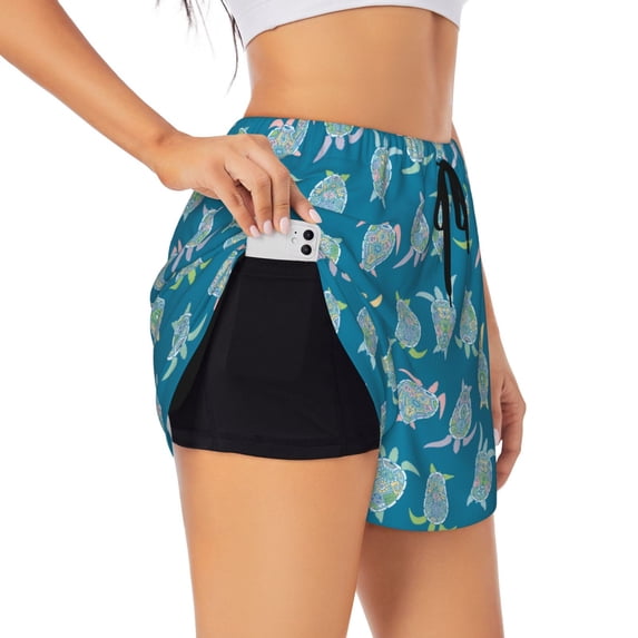 Cauagu Sea Turtle Print Women's 2 in 1 Running Shorts Athletic Workout Gym Yoga Shorts Running Shorts for Women-Large