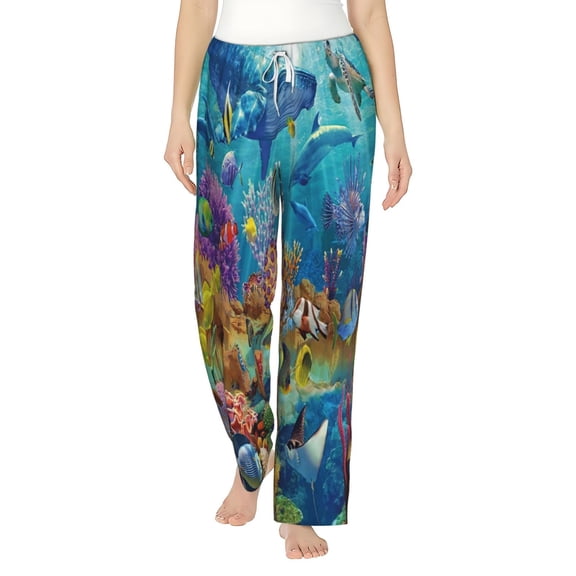 Cauagu Sea World Pajama Pants for Women Loose Fit Wide Leg Trouser Pants Casual Elastic Waist Drawstring Lounge Pants