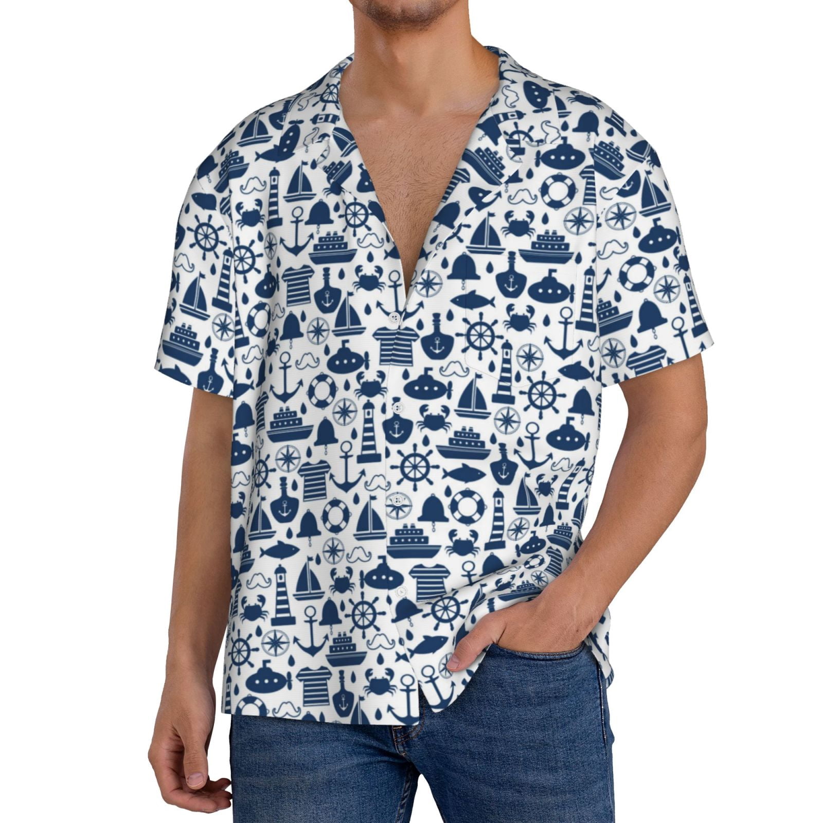 Lzzidou Men's Hawaiian Shirt - Short Sleeve Button Down Beach Shirt In Navy Village Print, Size Large - View #3