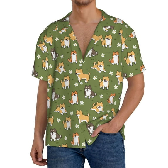 Cauagu Shiba Inu Dog And Flower Men's Short Sleeve Button Down Hawaiian Shirt for Men Bowling Shirts Casual Summer Beach Shirt,X-Large