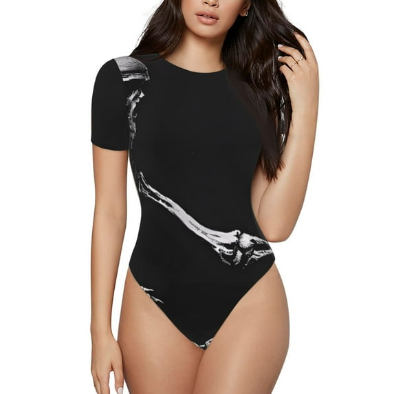Cauagu Skeleton Playing Xylophone Women's Crew Neck Round Short Sleeve T Shirts Tops Bodysuit Daily Jumpsuit-X-Large