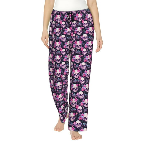 Cauagu Skull Flower Pajama Pants for Women Loose Fit Wide Leg Trouser Pants Casual Elastic Waist Drawstring Lounge Pants
