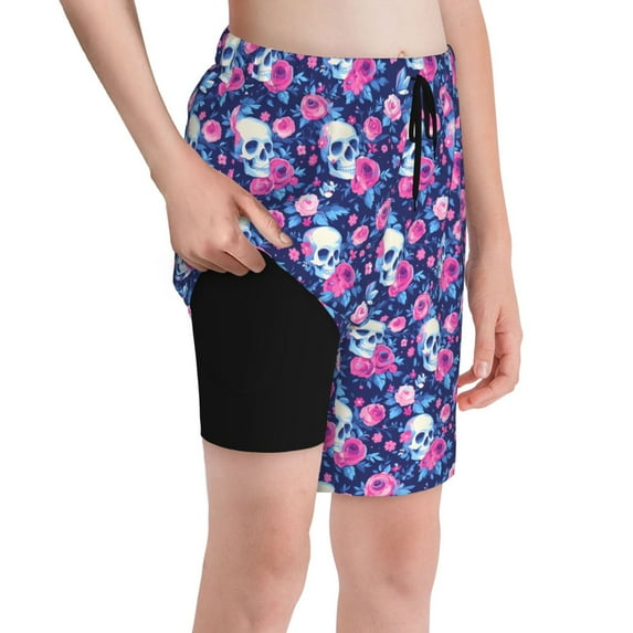 Cauagu Skull Flower Print Swim Trunks for Men,Youth Boys Swim Shorts Compression Liner Beach Shorts Boys' Swimming Shorts 7-20 Years Bathing Suit-Small