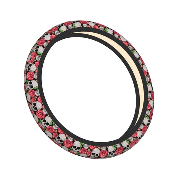 Cauagu Skull and Roses Print Car Steering Wheel Cover - Universal Car Accessory for Diverse Cars for Steering Wheel with a Diameter of 14.5"-15"