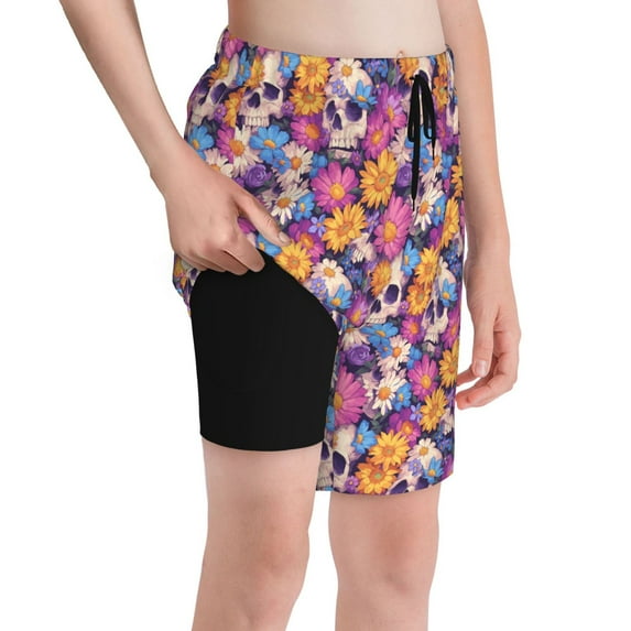 Cauagu Skull daisy flower Print Swim Trunks for Men,Youth Boys Swim Shorts Compression Liner Beach Shorts Boys' Swimming Shorts 7-20 Years Bathing Suit-Medium
