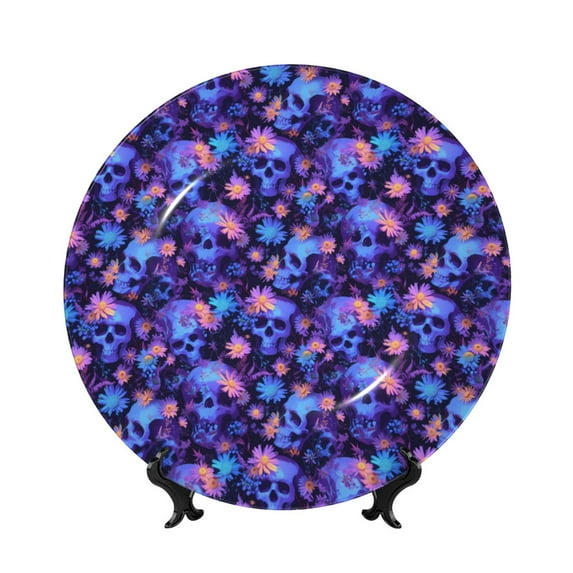 Cauagu Skull daisy purple Print Bone China Decorative Plate, Wall Mount Plate Holiday Decor Decorative Ceramic Plates with Stand Elegant Household Plates Decorative-10in